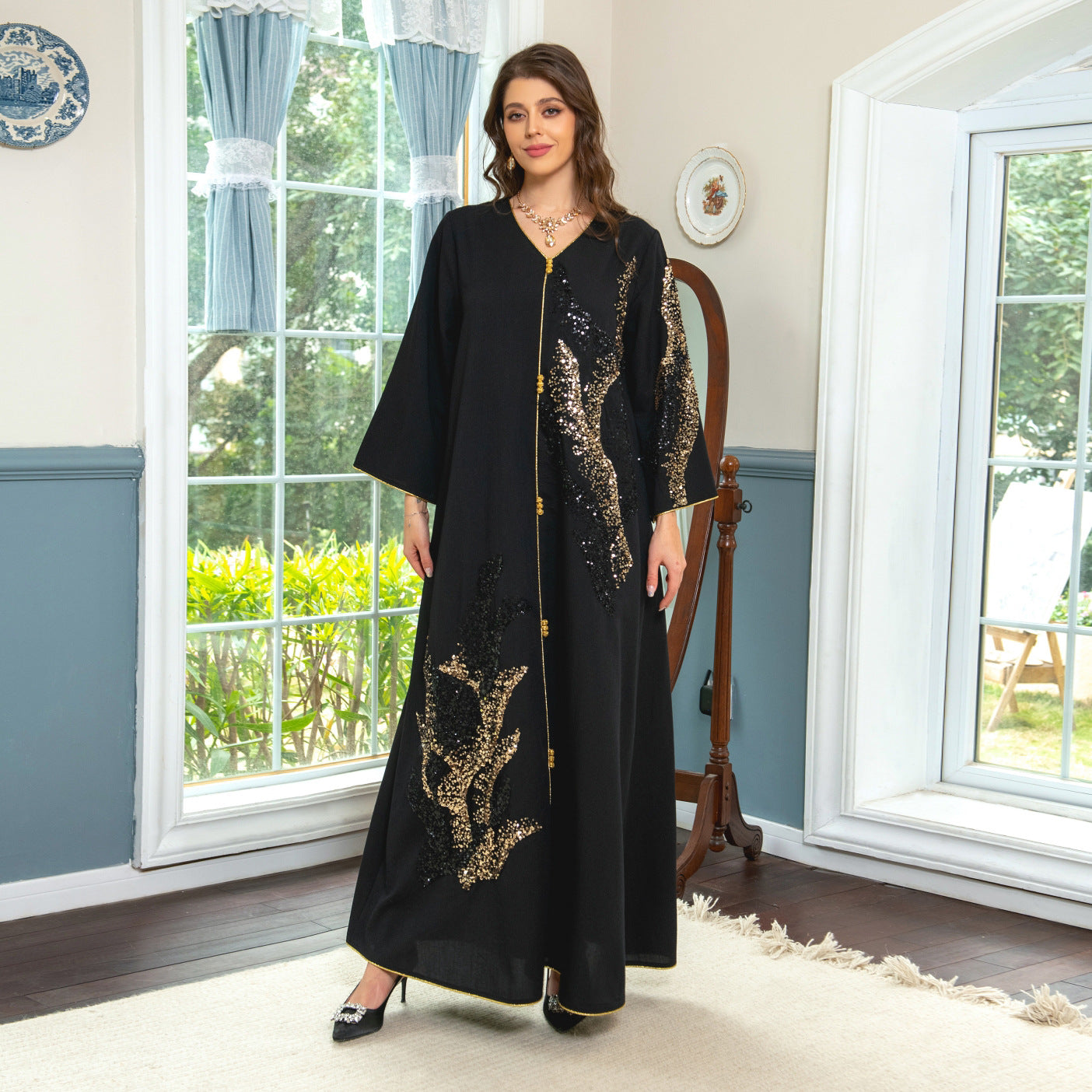 Enchanting jalabiya Beadwork embroidery, patchwork, loose-fitting, exudes refined elegance as a maxi dress