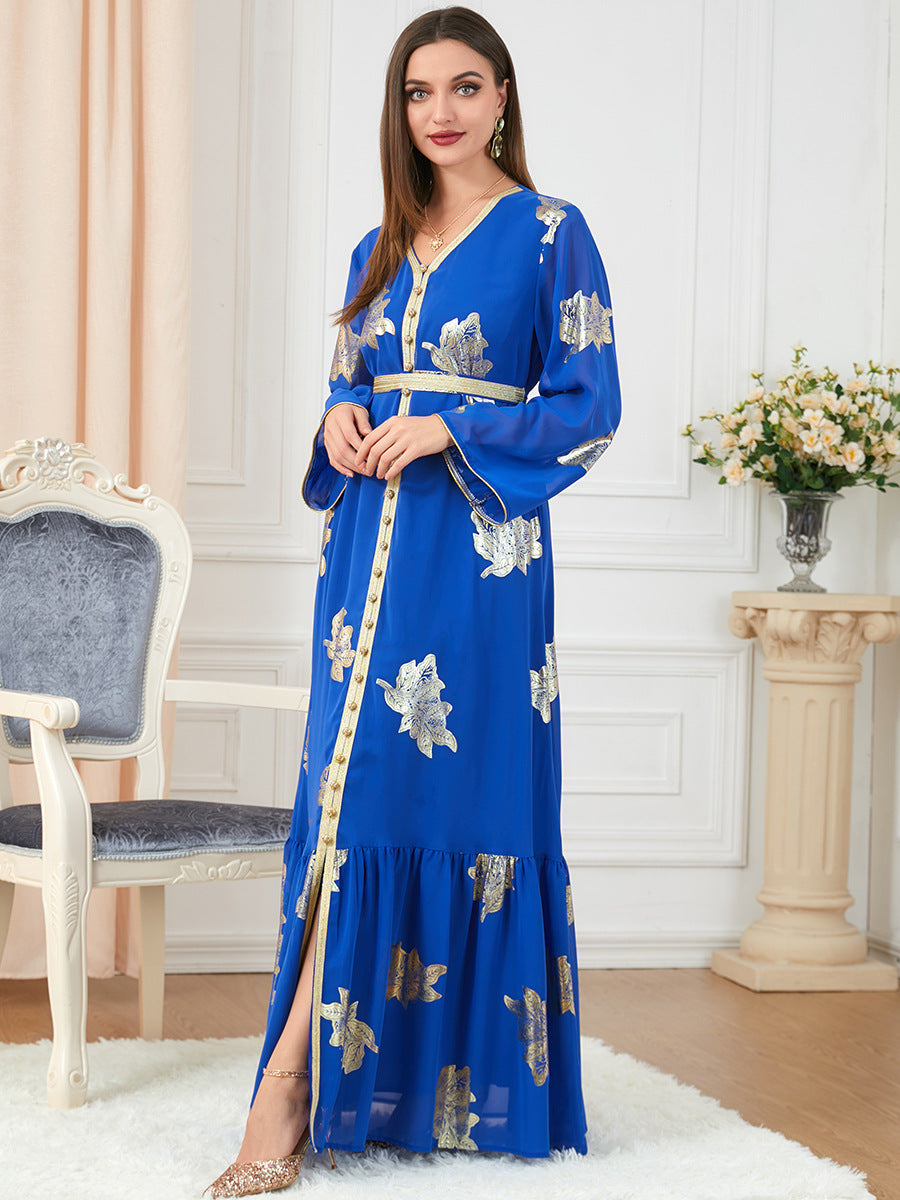 Jalabiya printing solid blue Hot stamping dress