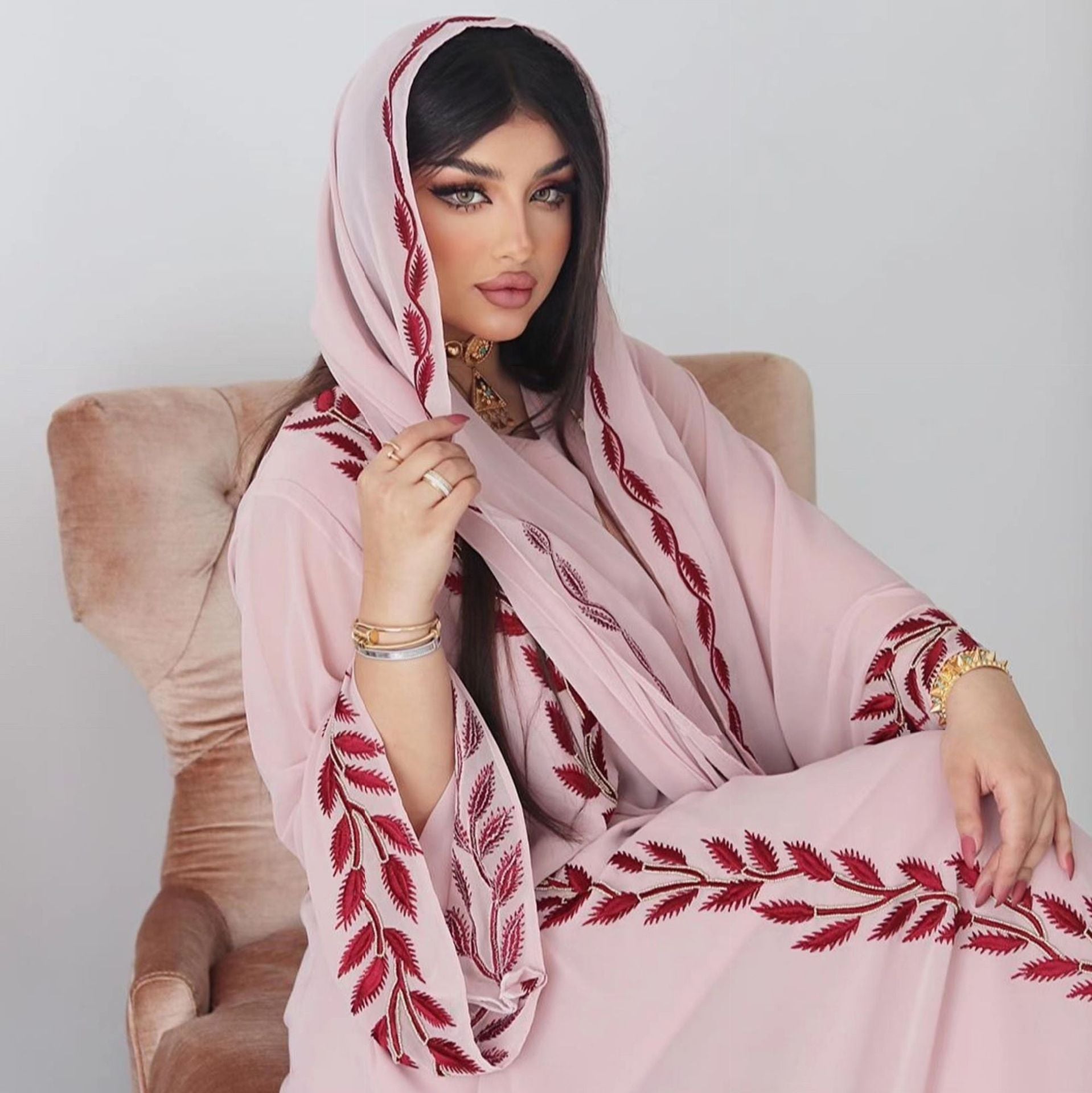 Jalabiya Pink Chiffon Dress With Headscarf