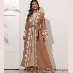 Muslim embroidered lace-up waist-cinching dress