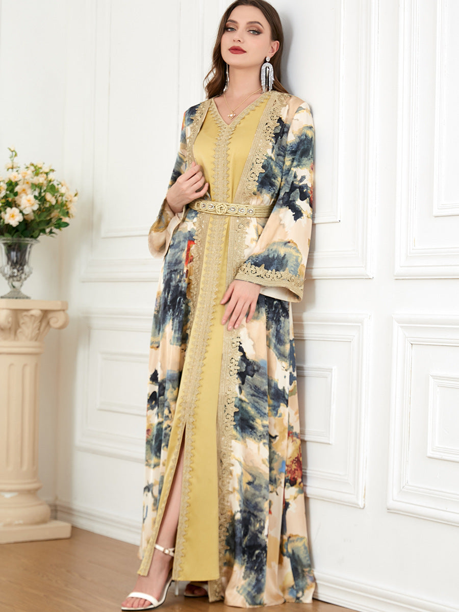 Jalabiya Patchwork Fashion Satin Printing Dress