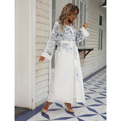 Fashionable slim-fit white printed long robe for women