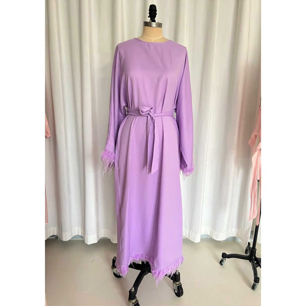 Elegant round neck long-sleeve Muslim dress with feather details