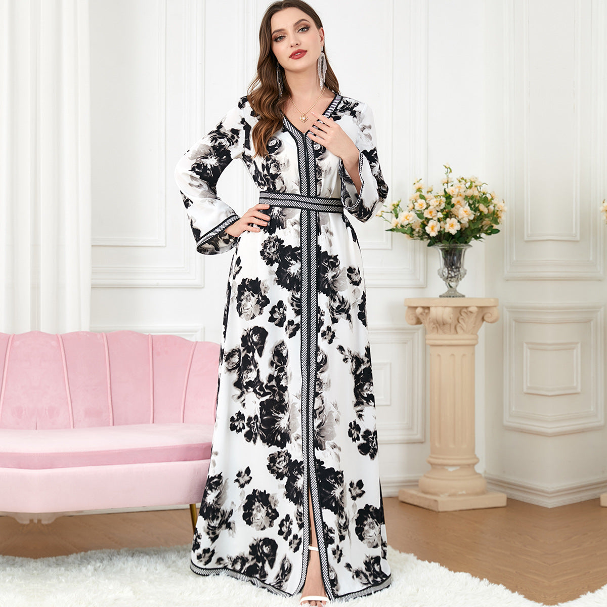 Jalabiya printing black flower dress