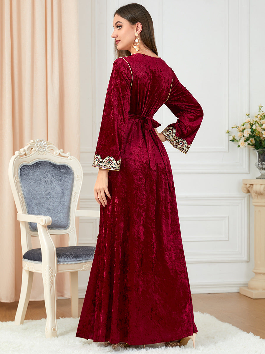 Jalabiya V-neck Long Sleeve Knitted Gold Velvet Dress