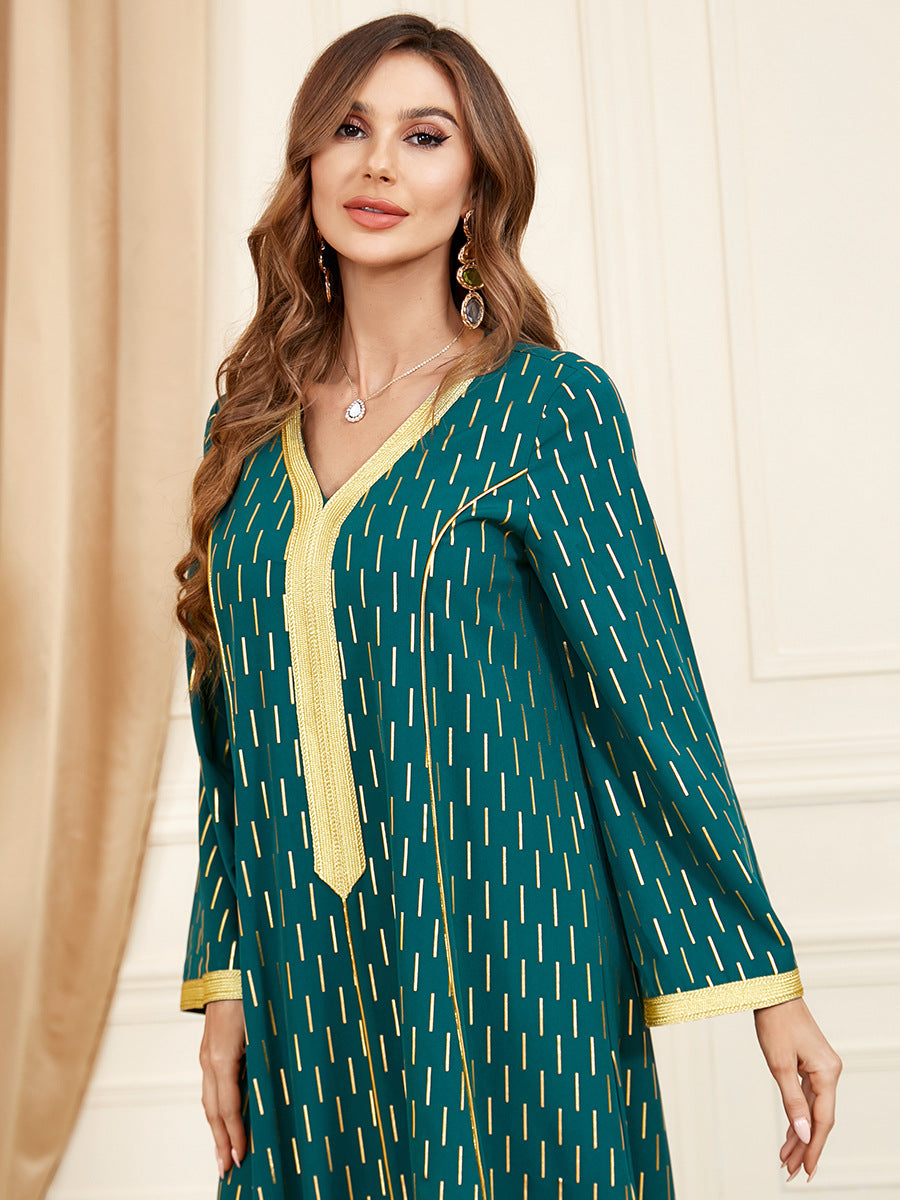 Jalabiya printing Dark green webbing stitching dress