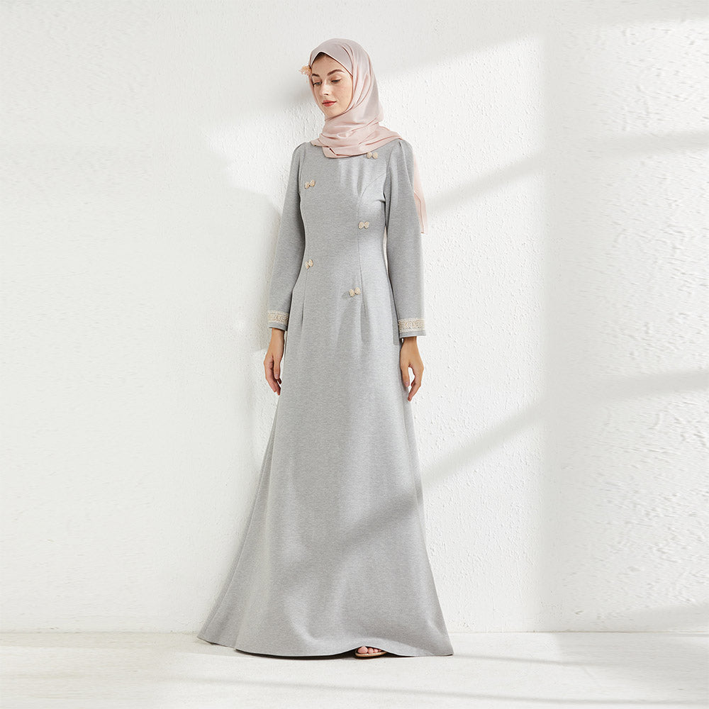 Muslim women's embroidered fishtail long-sleeve dress with a standing collar