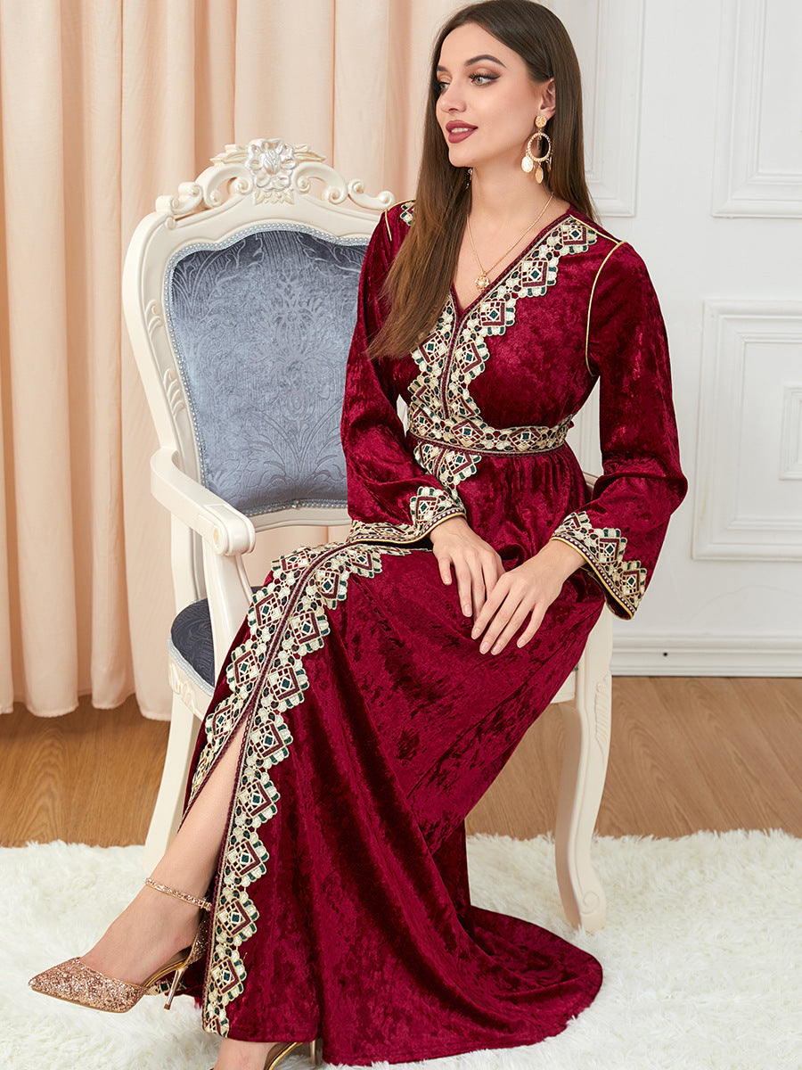 Jalabiya V-neck Long Sleeve Knitted Gold Velvet Dress