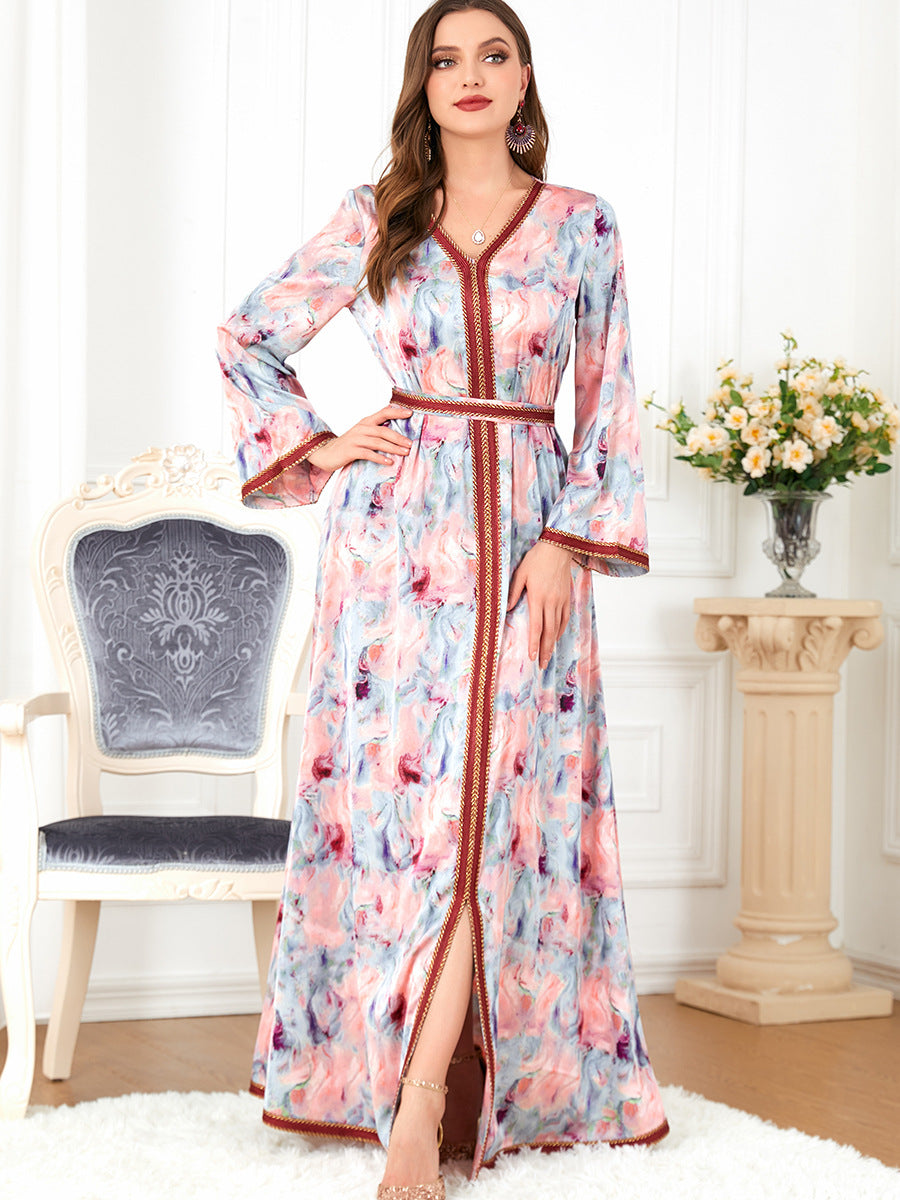 Jalabiya printing Full flower split fork dress