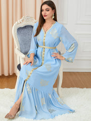 Jalabiya printing Light blue solid color printing dress