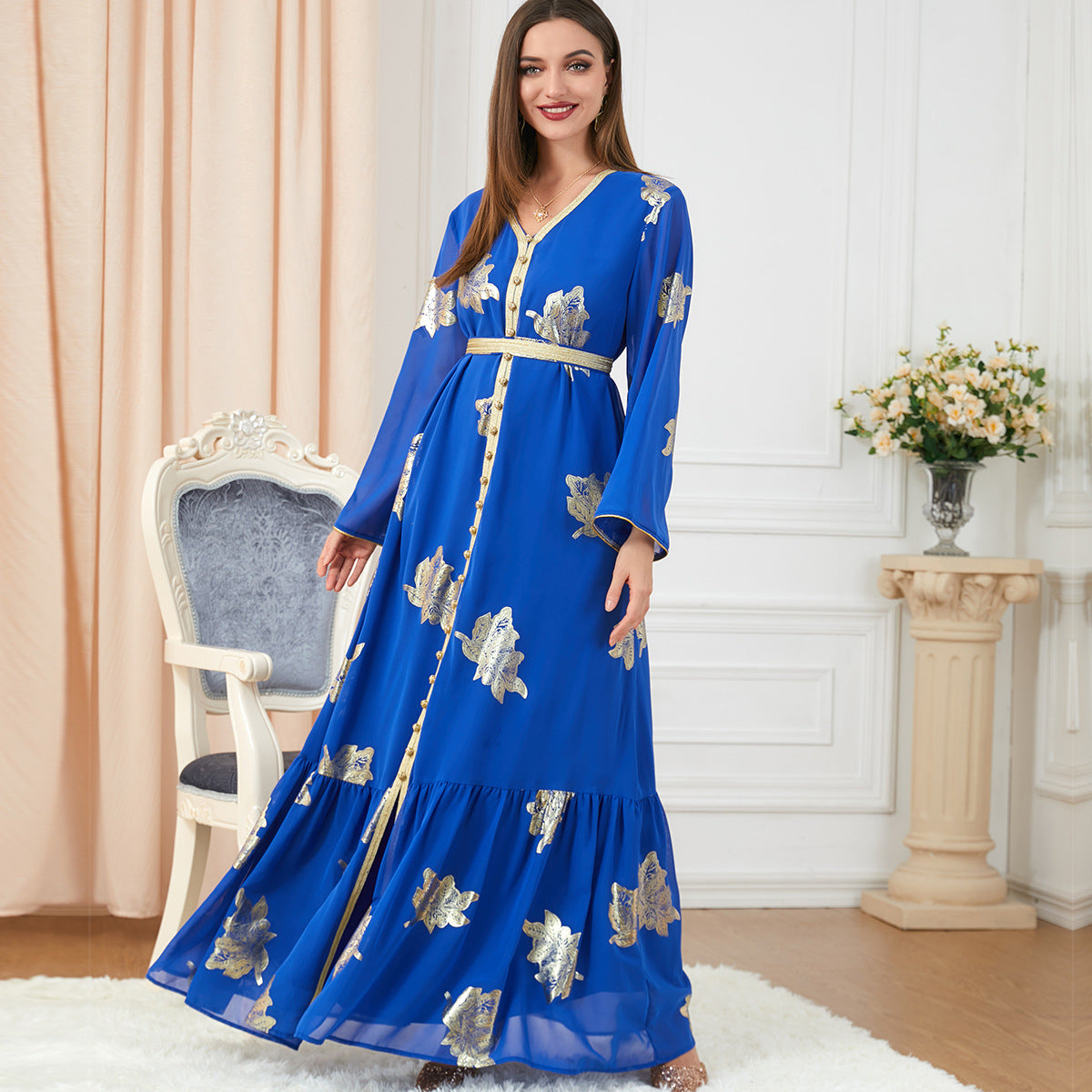 Jalabiya printing solid blue Hot stamping dress