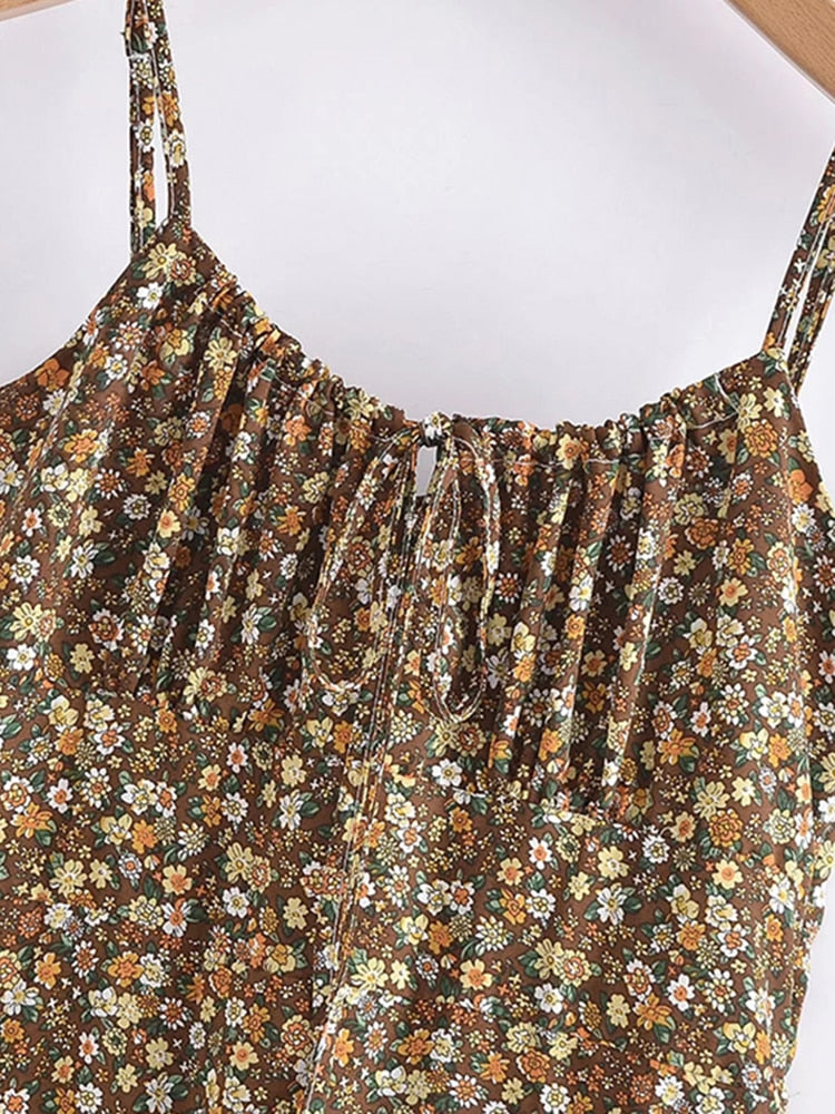 المرأة بوهو نمط الأزهار المطبوعة ميدي فستان عادية السباغيتي حزام ألف خط فستان السيدات موضة فستان بحزام السباغيتي 