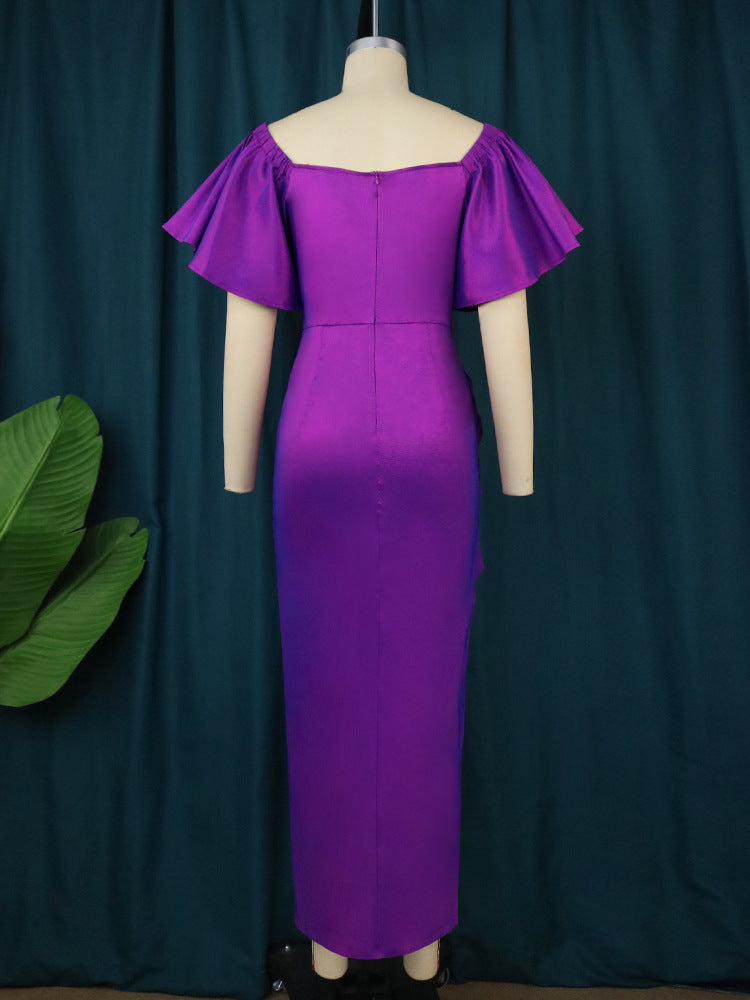 AOMEI Evening Bodycon Dress Women Purple Pleated Peplum Ruffled Robes V Neck Short Sleeve Side Slit Slim Fit Chic Maxi Vestidos