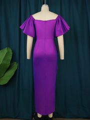 AOMEI Evening Bodycon Dress Women Purple Pleated Peplum Ruffled Robes V Neck Short Sleeve Side Slit Slim Fit Chic Maxi Vestidos