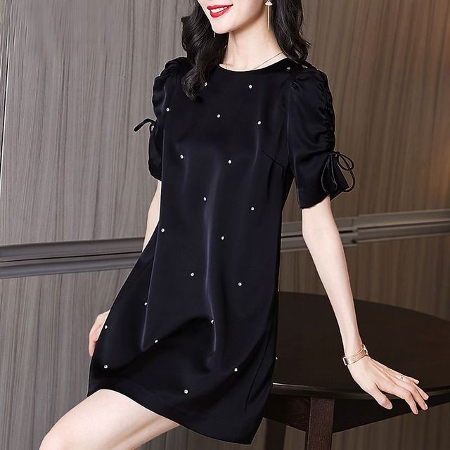 Elegant Bandage Bow Knot Diamond Mini Dress Women's 2023 Summer New Puff Sleeve Dress