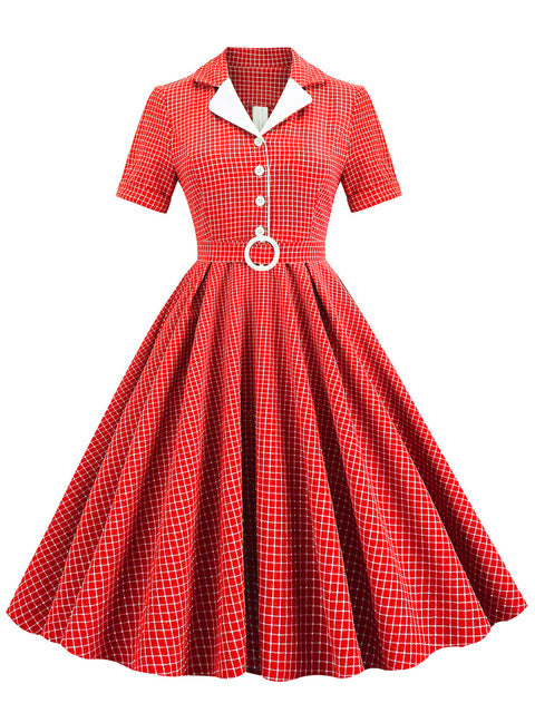 تنورة توفار ذات الياقة المدببة بإبزيم وحزام كلاسيكي منقوش متوسط ​​الطول للسيدات بأكمام قصيرة 50s فستان فيروزي