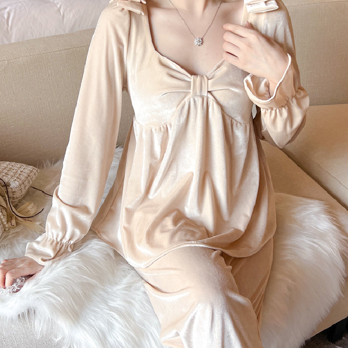 Gold velvet long-sleeved autumn and winter pajamas women's homewear suit with removable chest pad