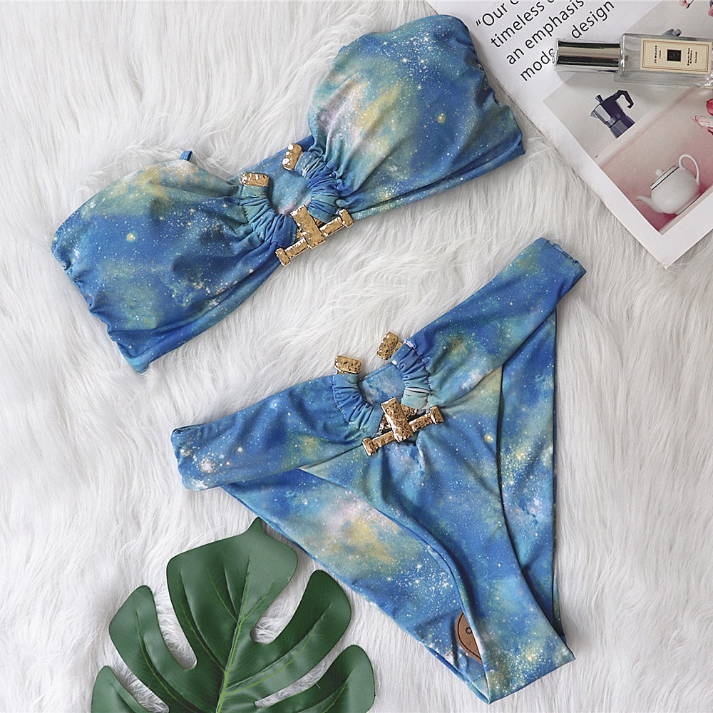 Explosive new style European and American bikini solid color tube top high waist swimsuit metal accessories female swimwear
