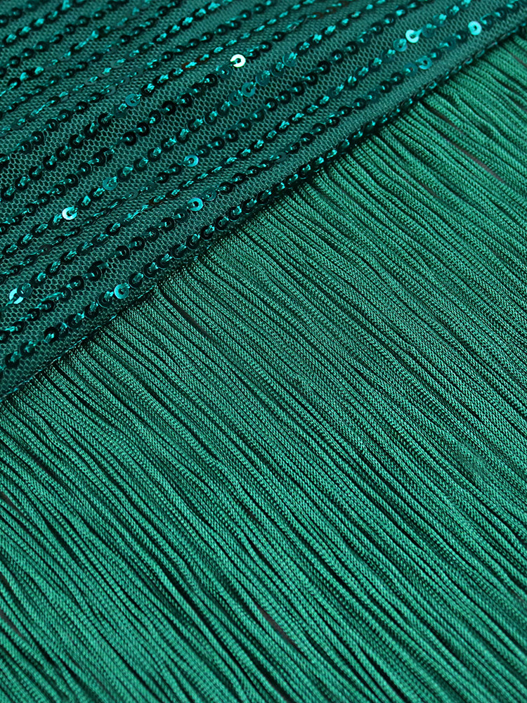 Women Green Tassel Dress Fringe Sequined Shiny Glitter Party Summer Prom Midi Bodycon Sexy Tunics Evening Birthday Robes Vintage