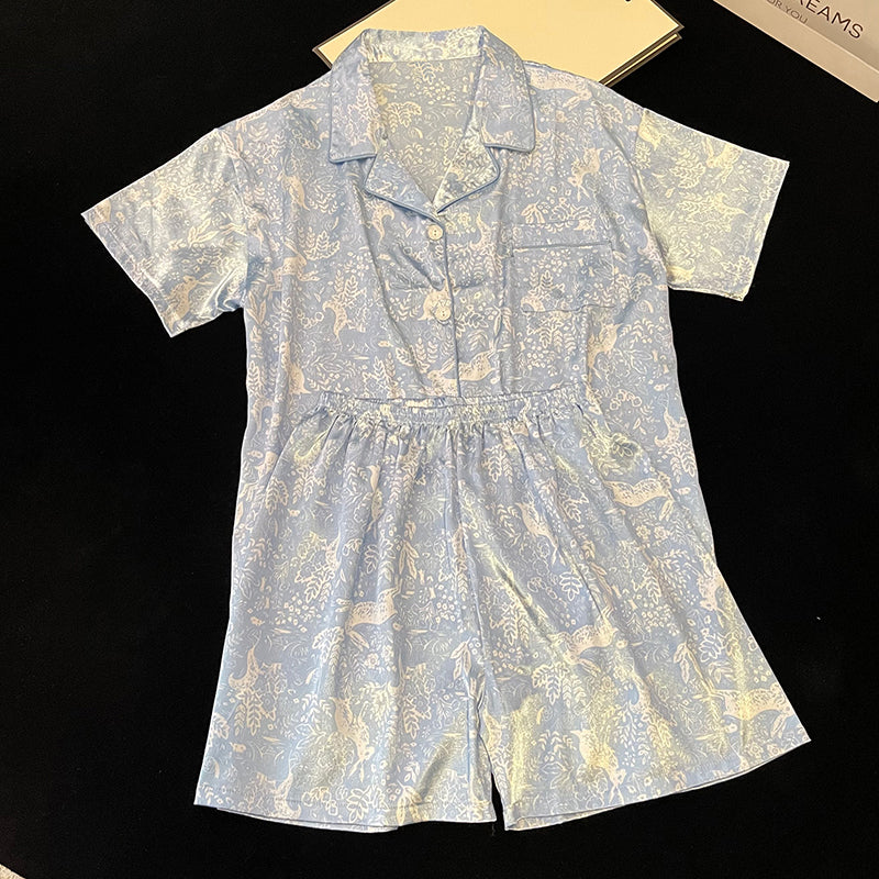 Tie-dyed blue summer pajamas women's short-sleeved home clothes thin section  silk suit