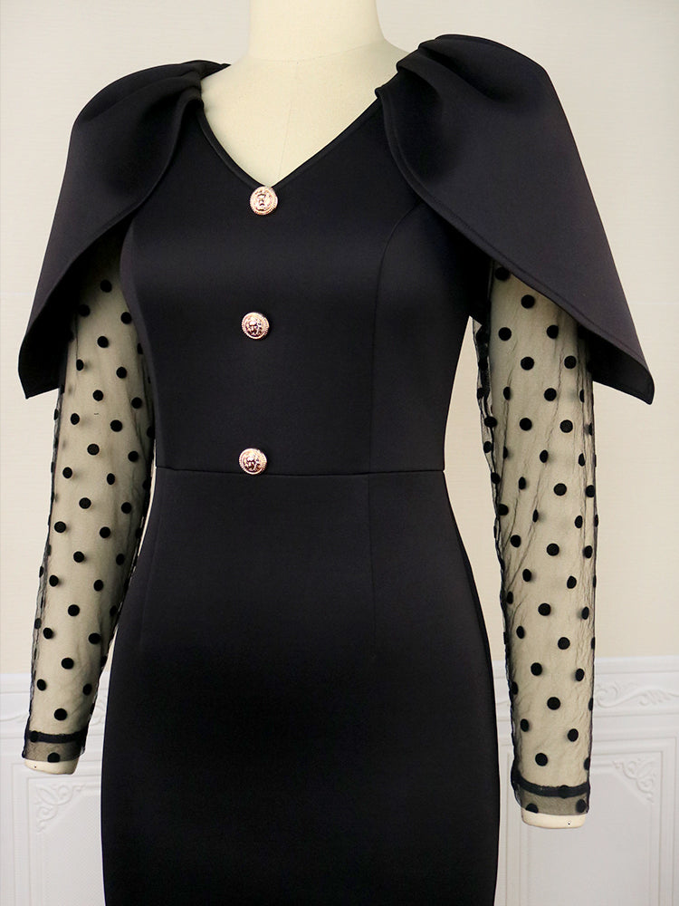 Women Black Dress Bodycon Slim Elegant V Neck Patchwork Mesh Sleeves High Waist Office Ladies Classy Female Gowns Vintage Robes