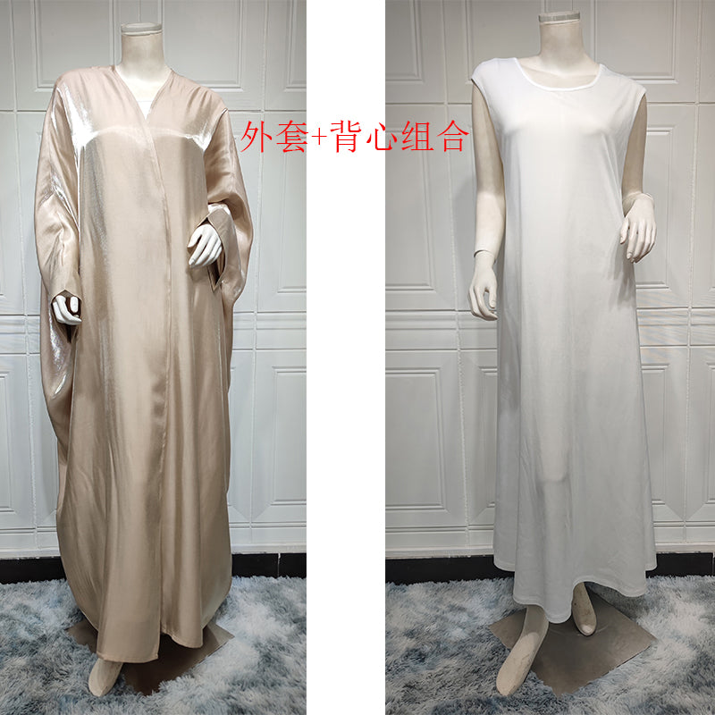 Middle East new satin bright fabric sparkling Arabian apricot Modet fashion modern Abaya Dubai fashion women's clothing