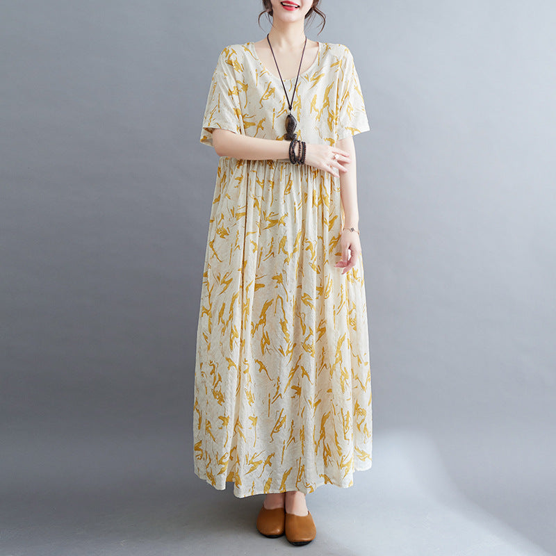 2023 جديد موري فتاة نمط رعوي صيف جديد أدبي وفني مقاس كبير سمين مم بالإضافة إلى الأسمدة وفستان قصير الأكمام مطبوع موسع