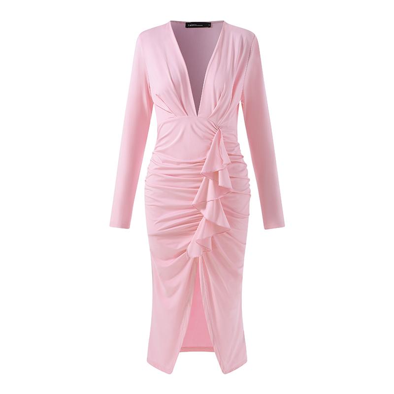 Celmia Elegant Women Sexy V-neck Dress 2022 Fashion Pleated Ruffled Bodycon Party Dress Casual Solid Slit Midi Vestidos Robe