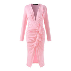 Celmia Elegant Women Sexy V-neck Dress 2022 Fashion Pleated Ruffled Bodycon Party Dress Casual Solid Slit Midi Vestidos Robe