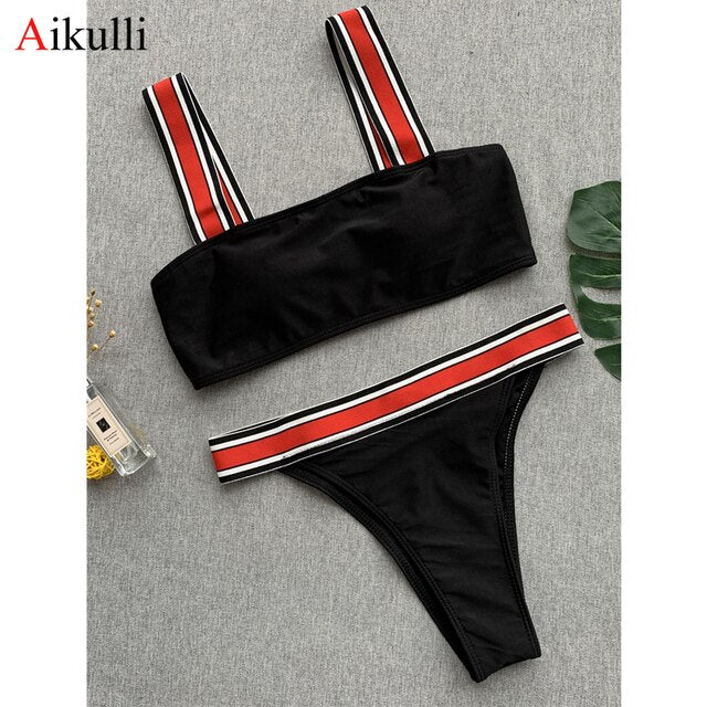 New Striped Bikinis Swimsuits Women Sports  Set 2021 Swimwear Summer Bandage Swimming Beachwear Female Beach Bathing Suits