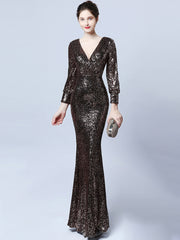 Ladies Fashion Sexy Slim Fit V-neck Sequined Long Sleeve Evening Dress