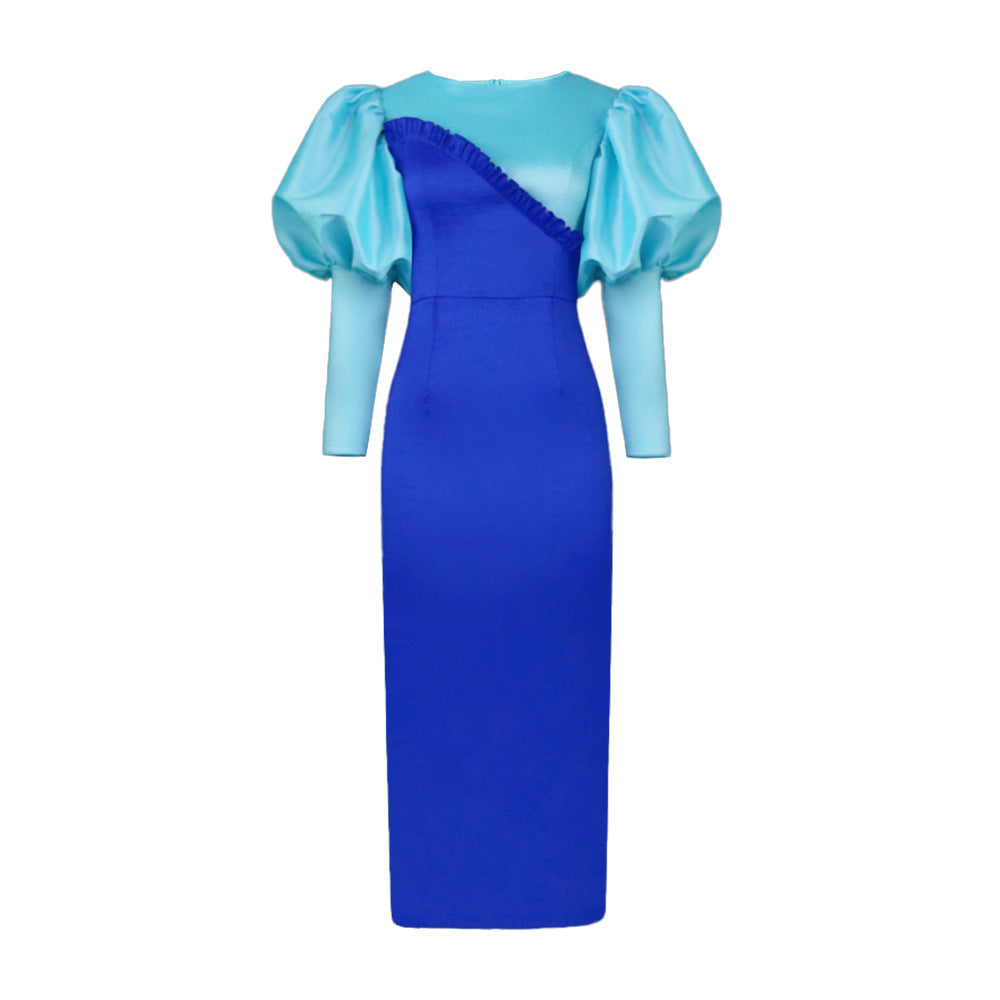 AOMEI Women Sheath Dress Party Shiny Elegant Blue Color Block Bodycon O Neck Long Lantern Sleeves Event Birthday Fall