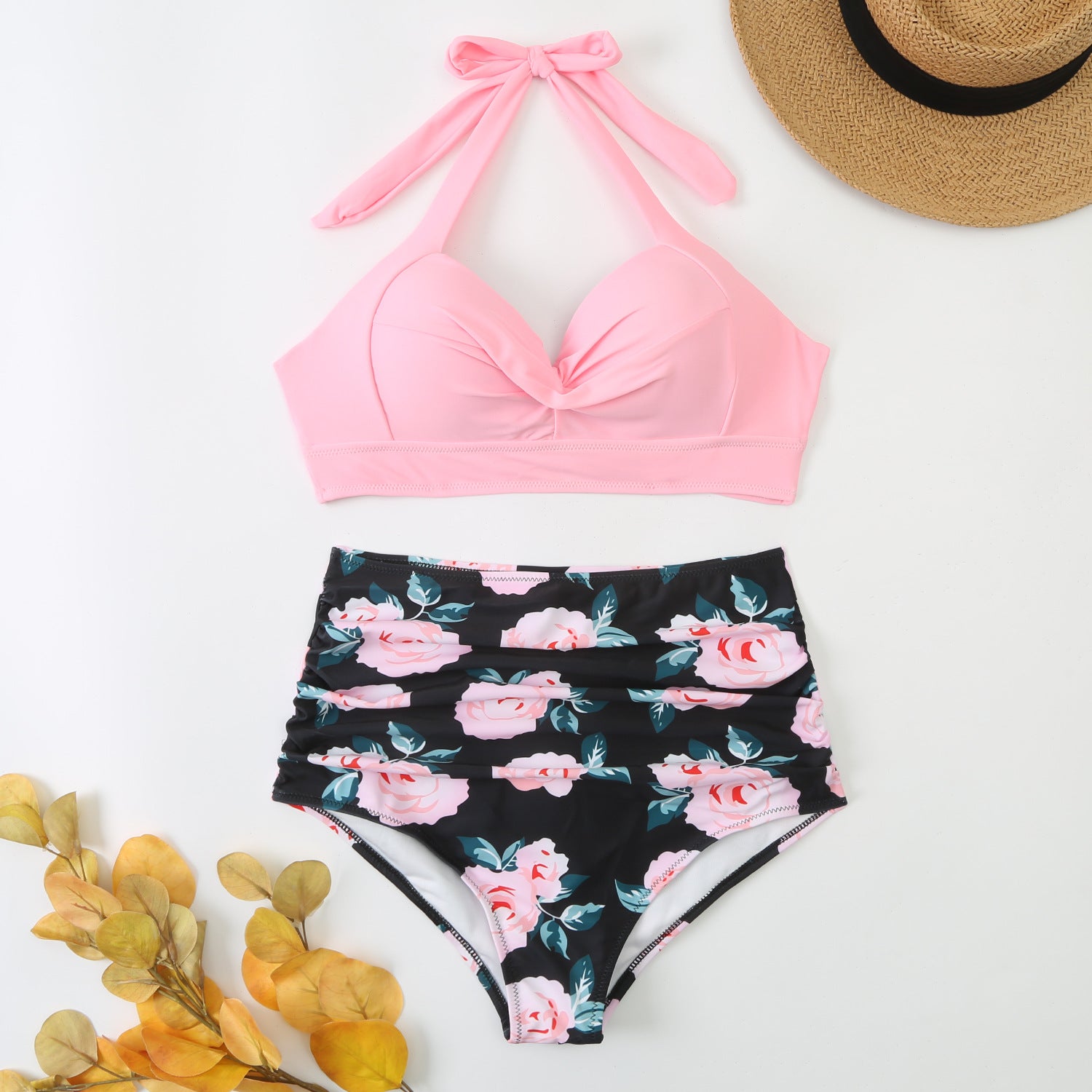 swimsuit female split solid color printed suspender bikini hard bag sexy swimsuit