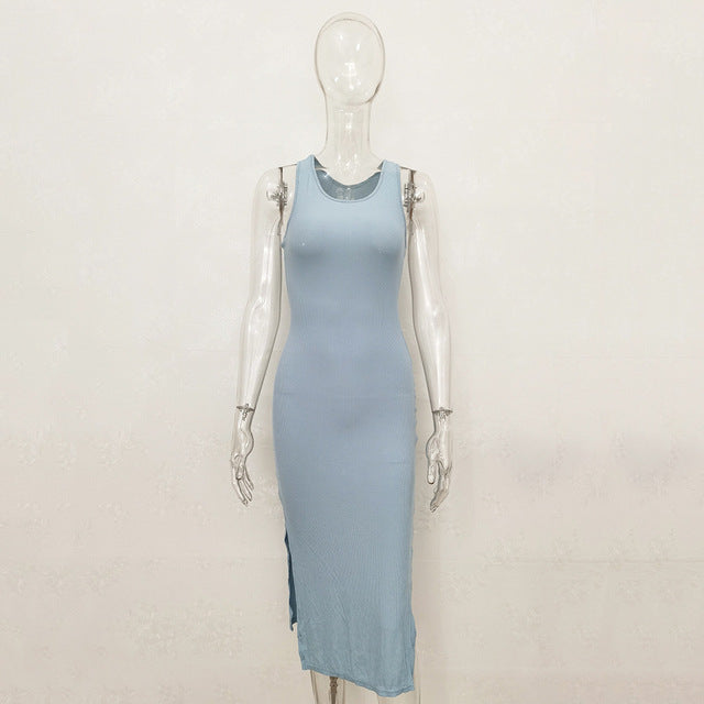 Women's Skinny Midi Dress Summer Sundress Sexy Sleeveless Side Slit Party Bodycon Dress