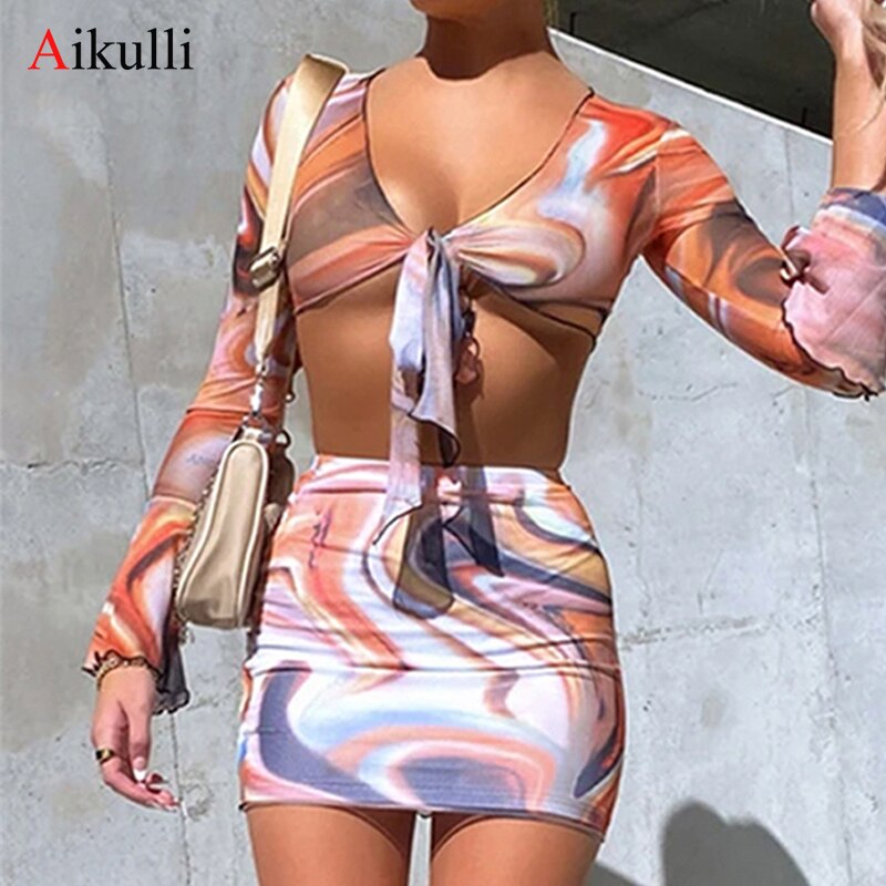 2022 New Mesh Three Piece Long Sleeve Bikinis Set Swimsuit Women's Print Swimwear Summer Swimming Beachwear Female Bathing Suits