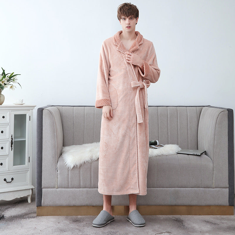Coral fleece nightgown for men and women  autumn and winter long-sleeved lace-up pajamas
