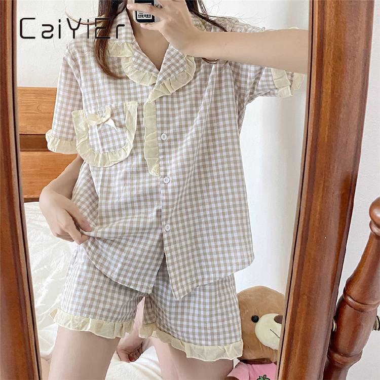 CAIYIER Summer Korea Women's Pajamas Sweet Girl Plaid Sleepwear Short Sleeve Shorts Retro Ruffle Nightwear Kawaii Japan Homewear