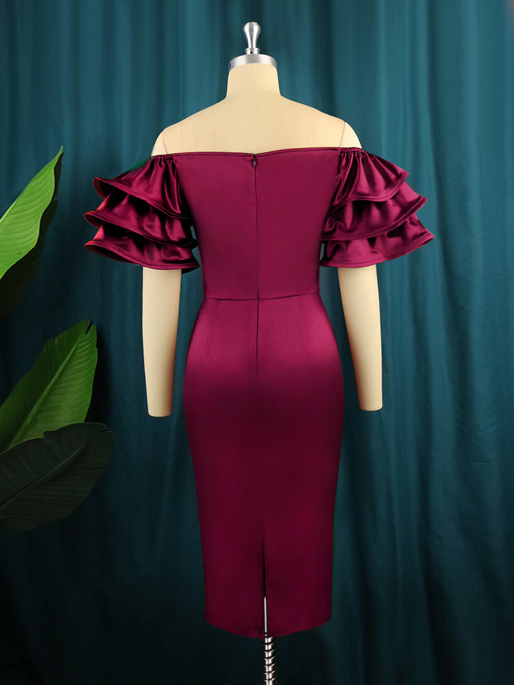 AOMEI Shiny Satin Party Dress Women Off Shoulder Summer Slash Neck Ruffles Sleeves Robes Femmes Sexy Bodycon Clubwear Event