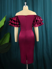 AOMEI Shiny Satin Party Dress Women Off Shoulder Summer Slash Neck Ruffles Sleeves Robes Femmes Sexy Bodycon Clubwear Event