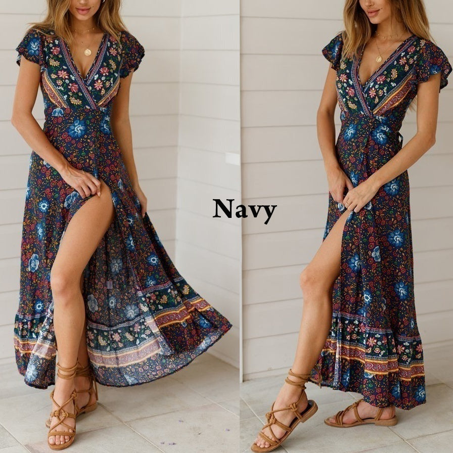 Women's Summer Flower Dress Short Sleeve Boho Maxi Dress Printed Flower Dress Maxi Beach Dress