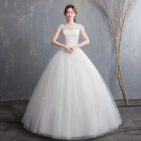 Promotion High Quality Custom bride out white gauze luxury palace lace heavy industry bride shoulder to shoulder wedding dress