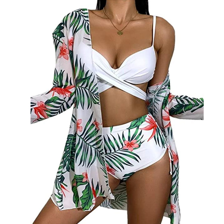 Three-piece mesh high-waist printing sexy gathered split swimsuit bikini