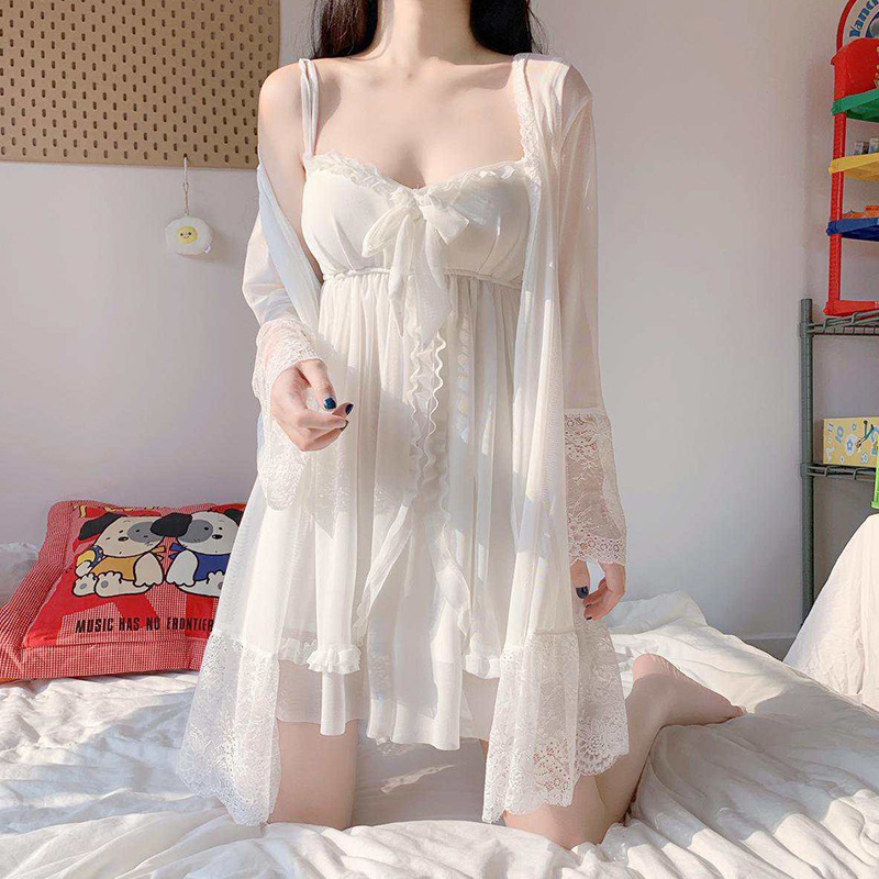 Summer burst sexy suspender nightdress with chest pad women's lace nightgown sexy temp pajamas home service set