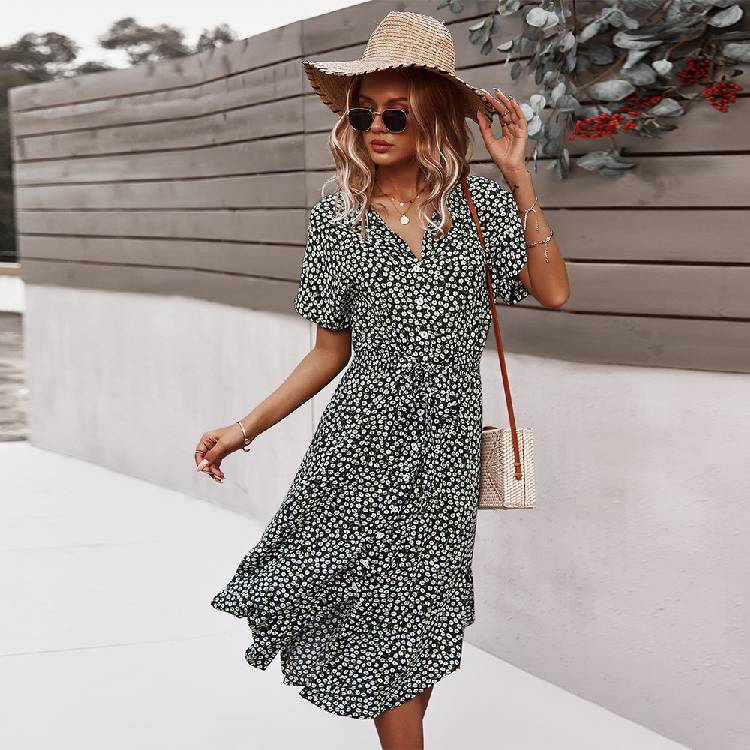 Beach Boho Summer Dress Shirt 2021 Floral Vintage High Waist Dresses Women Casual Loose Single Breasted Midi Slim Elegant Robe