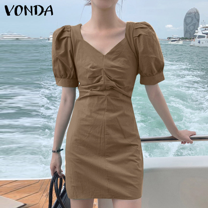 VONDA Elegant Dresses For Women 2022 Solid V Neck Short Puff Sleeve Ruched Pleated Bodycon Dress Bohemian Party Casual Summer Plus Size Short Dresses