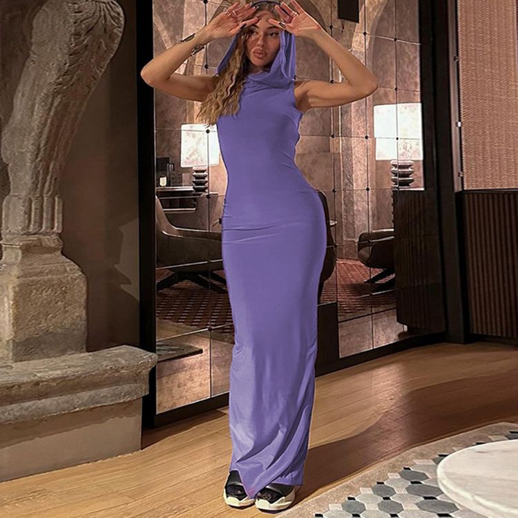 ملابس نسائية على الطراز الأوروبي والأمريكي موضة صيف 2023 فستان بدون أكمام بغطاء للرأس وفتحة خلفية جديدة لصيف 2023