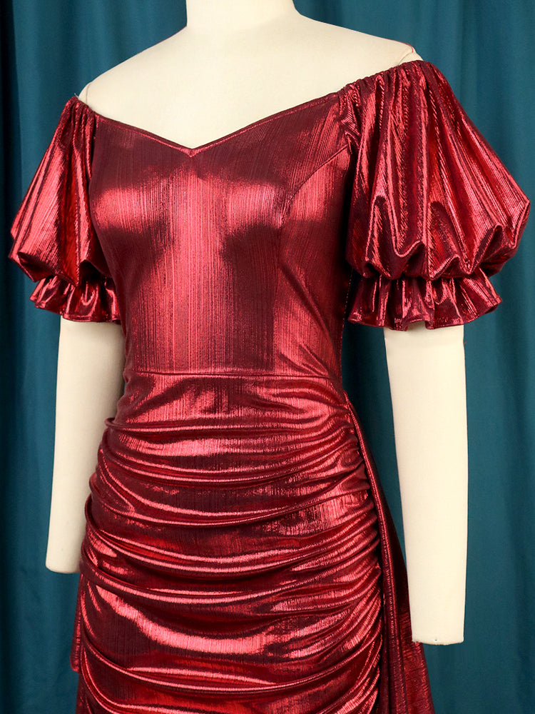 Women Shiny Party Long Dress Folds Short Lantern Sleeves Christmas Glitter Luxury Bodycon Elegant Sexy Prom Wedding Evening Gown