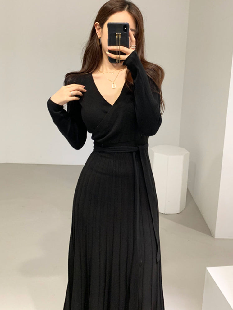 Stretchy Women Knitted Bodycon Pencil Dress New 2022 Autumn Winter Solid Vestidos Long Sleeve V Neck Slim Lady Chic Korean Dress