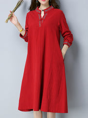 Ladies ethnic style large size retro  long-sleeved cotton and linen literary dress  linen mid-length dress robe  girl