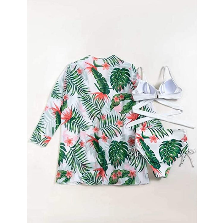 Three-piece mesh high-waist printing sexy gathered split swimsuit bikini